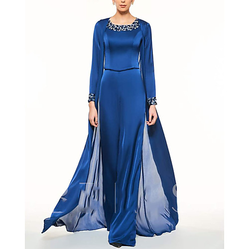 

Pantsuit / Jumpsuit Mother of the Bride Dress Elegant Jewel Neck Floor Length Chiffon Lace Long Sleeve with Pleats Beading 2021