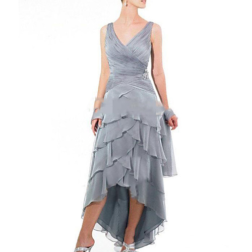 

A-Line Mother of the Bride Dress Sexy V Neck Asymmetrical Chiffon Satin Sleeveless with Cascading Ruffles 2021