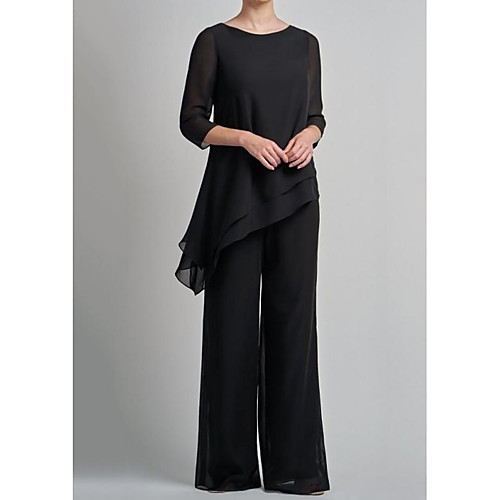 

Pantsuit / Jumpsuit Mother of the Bride Dress Elegant Jewel Neck Floor Length Chiffon 3/4 Length Sleeve with Ruffles 2021
