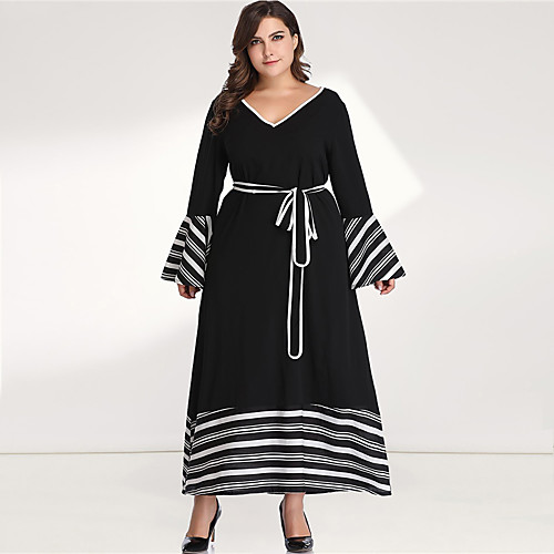 

Women's Plus Size Maxi Black & White A Line Dress - Long Sleeve Striped Color Block Solid Color Patchwork Spring & Summer V Neck Casual Boho Daily Going out Flare Cuff Sleeve Black XL XXL XXXL XXXXL