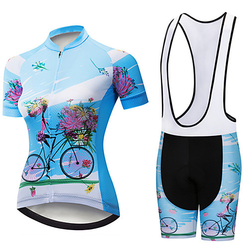 

21Grams Women's Short Sleeve Cycling Jersey with Bib Shorts Spandex Polyester Black / Blue Floral Botanical Bike Clothing Suit Breathable 3D Pad Quick Dry Ultraviolet Resistant Sweat-wicking Sports