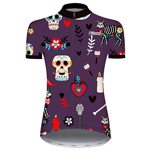 

21Grams Women's Short Sleeve Cycling Jersey Spandex Violet Novelty Skull Floral Botanical Bike Jersey Top Mountain Bike MTB Road Bike Cycling UV Resistant Quick Dry Breathable Sports Clothing Apparel