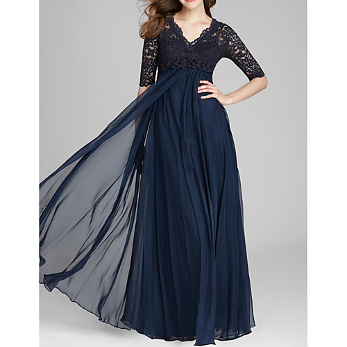 

A-Line Mother of the Bride Dress Elegant V Neck Floor Length Chiffon Lace Half Sleeve with Lace Pleats Beading 2021