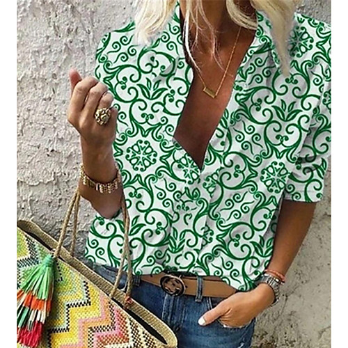 

Women's Plus Size Geometric Print Shirt Daily Shirt Collar Black / Blue / Red / Yellow / Green