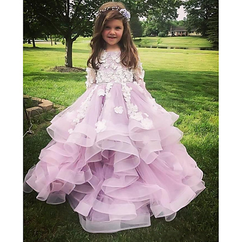 

Ball Gown Sweep / Brush Train Wedding Flower Girl Dresses - Polyester Long Sleeve Jewel Neck with Tier / Appliques / Solid