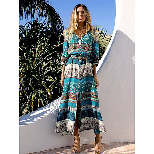 

Women's Maxi Shirt Dress - Long Sleeve Striped Floral V Neck Wine Black Green Brown M L XL XXL