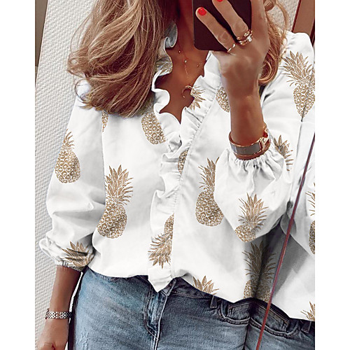 

Women's Floral Letter Ruffle Pleated Print Blouse Basic Street chic Daily Going out V Neck White / Blushing Pink / Khaki
