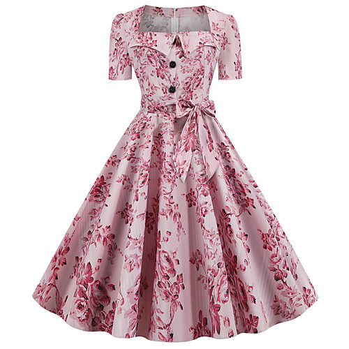 

Women's Sheath Dress - Half Sleeve Floral Print Color Block Patchwork Print Square Neck Vintage Sexy Daily Going out Wine Blushing Pink S M L XL XXL