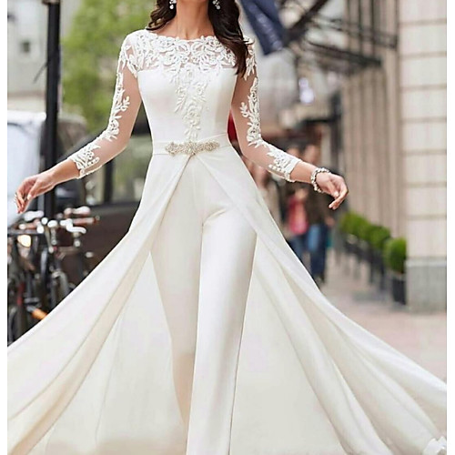 

Two Piece Jumpsuits A-Line Wedding Dresses Jewel Neck Court Train Polyester Long Sleeve Formal Plus Size with Lace Sashes / Ribbons Crystals 2021