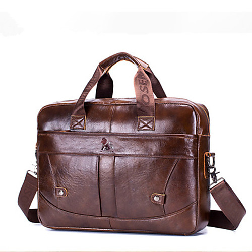 

Men's Zipper Cowhide Briefcase Solid Color Brown