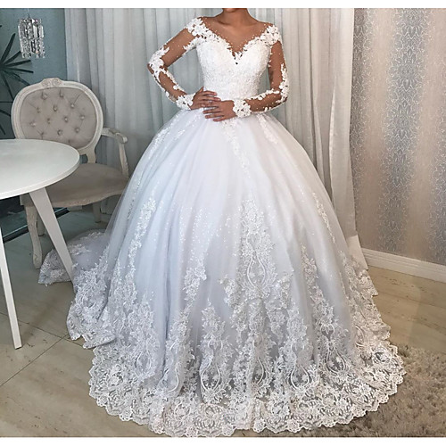 

Ball Gown Wedding Dresses V Neck Court Train Polyester Long Sleeve Country Plus Size with Lace Insert 2021