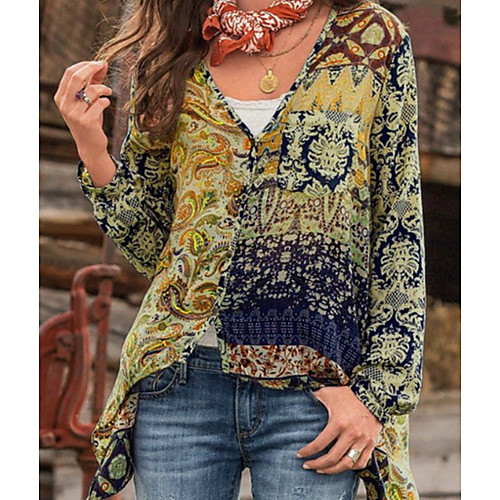 

Women's Geometric Print Shirt - Cotton Daily V Neck Blue / Red / Yellow / Beige