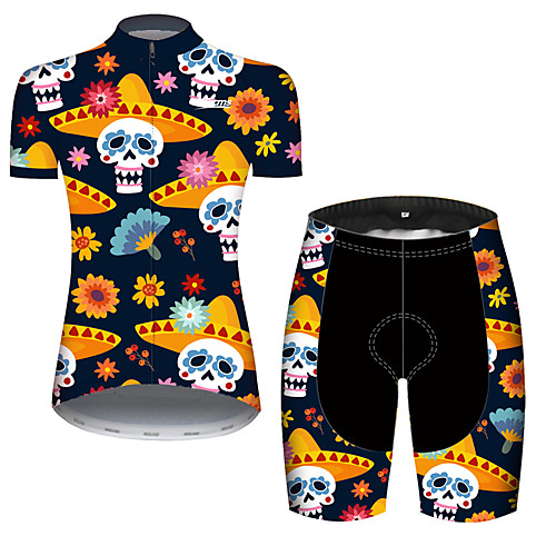 

21Grams Women's Short Sleeve Cycling Jersey with Shorts Spandex Polyester Black / Yellow Skull Floral Botanical Bike Clothing Suit Breathable Quick Dry Ultraviolet Resistant Sweat-wicking Sports Skull