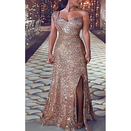 

Women's Sheath Dress Gold Sleeveless Solid Colored One Shoulder S M L XL