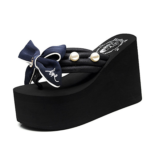 

Women's Slippers & Flip-Flops Wedge Heel Open Toe Bowknot / Imitation Pearl Polyester Casual / Vintage Walking Shoes Summer Pink / Blue / Black / Party & Evening