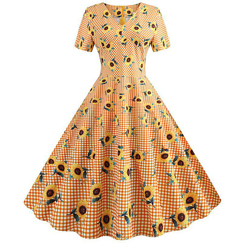 

Women's Swing Dress - Short Sleeves Floral Print Patchwork Print V Neck Active Cute Party Daily Orange S M L XL XXL / Cotton