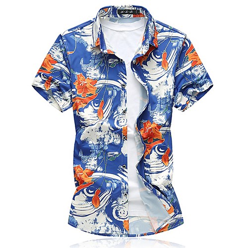 

Men's Geometric Print Shirt - Cotton Business Tropical Going out Weekend Classic Collar Blue / Red / Navy Blue / Short Sleeve