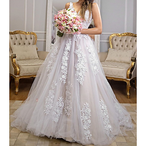 

A-Line Wedding Dresses V Neck Sweep / Brush Train Tulle Polyester Sleeveless Country Plus Size with Embroidery Appliques 2021