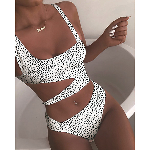 

Women's Basic White Brown Black Halter Cheeky One-piece Swimwear Swimsuit - Polka Dot Leopard Backless S M L White