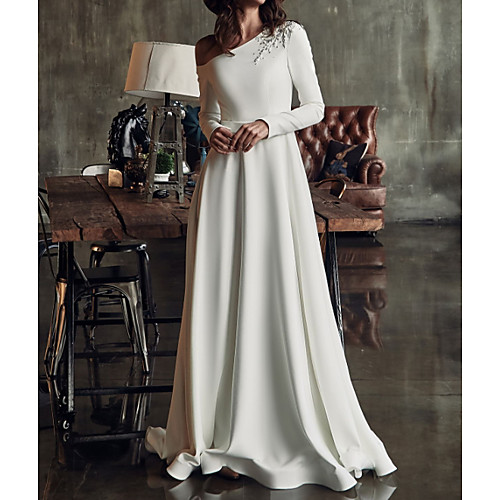 

A-Line Wedding Dresses One Shoulder Sweep / Brush Train Stretch Satin Long Sleeve Country Plus Size with Crystals Split Front 2021