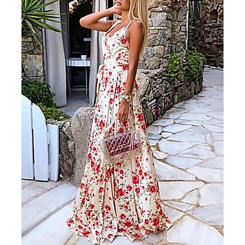 

Women's Maxi Sheath Dress - Sleeveless Print V Neck White S M L XL
