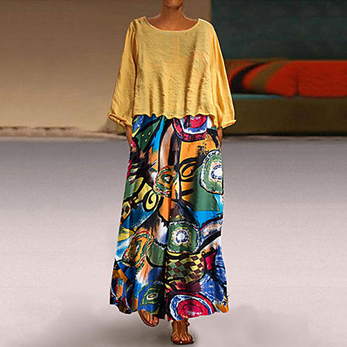 

Women's Plus Size Maxi Swing Dress - Long Sleeve Geometric Print Patchwork Print Basic Casual Daily Loose Yellow Green M L XL XXL XXXL XXXXL XXXXXL