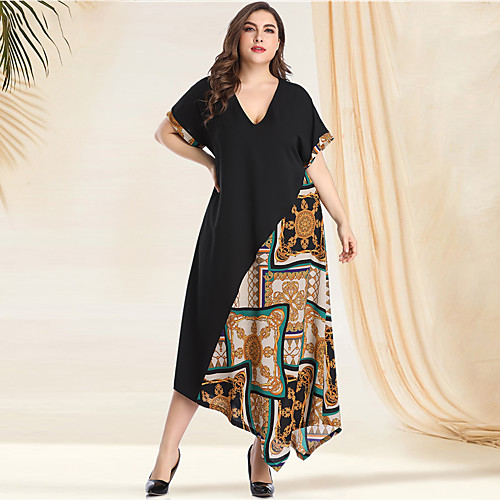 

Women's Plus Size Asymmetrical A Line Dress - Long Sleeve Print Solid Color Tribal Patchwork Print Spring & Summer V Neck Casual Vintage Daily Going out Batwing Sleeve Green L XL XXL XXXL XXXXL