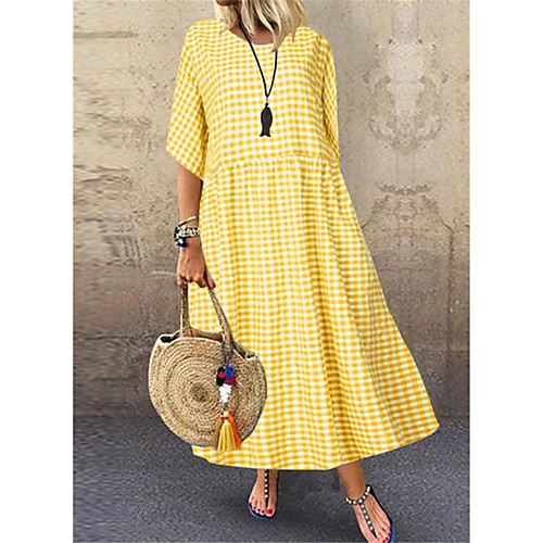 

Women's Maxi Blue & White Skater Dress - Half Sleeve Check Spring & Summer Crew Neck Black Blue Yellow M L XL XXL XXXL / Cotton