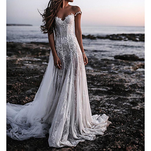 

A-Line Wedding Dresses V Neck Sweep / Brush Train Lace Tulle Polyester Short Sleeve Country Plus Size with Lace Appliques 2020