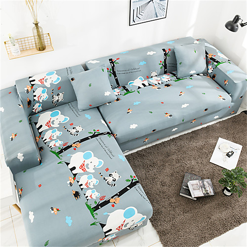 

Cartoon Elephant Print Dustproof All-powerful Slipcovers Stretch L Shape Sofa Cover Super Soft Fabric Couch Cover with One Free Pillow Case