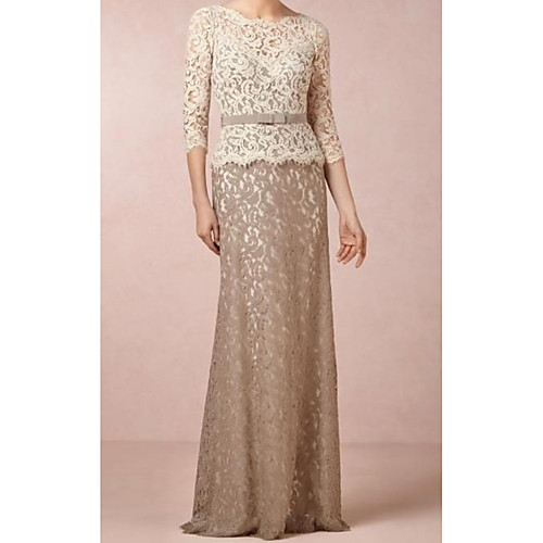 

Sheath / Column Mother of the Bride Dress Elegant Jewel Neck Floor Length Lace Stretch Satin 3/4 Length Sleeve with Lace Sash / Ribbon 2021