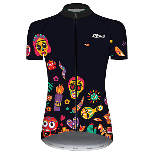 

21Grams Women's Short Sleeve Cycling Jersey Black / Yellow Skull Floral Botanical Bike Jersey Top Mountain Bike MTB Road Bike Cycling UV Resistant Breathable Quick Dry Sports Clothing Apparel