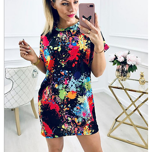 

Women's Sheath Dress - Short Sleeves Print White Black Navy Blue S M L XL