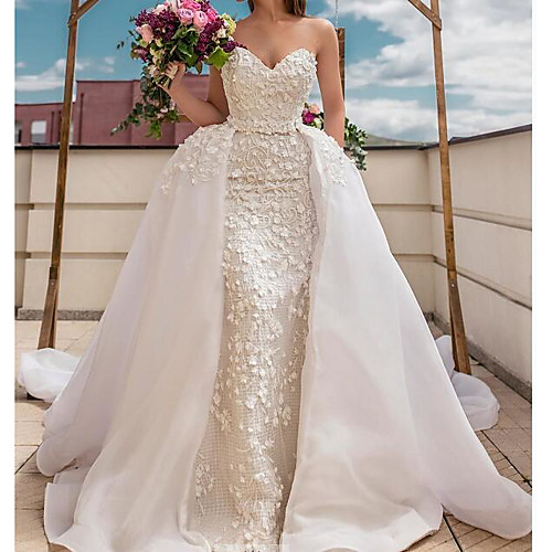 

A-Line Wedding Dresses Sweetheart Neckline Sweep / Brush Train Polyester Strapless Country Plus Size with Embroidery 2021