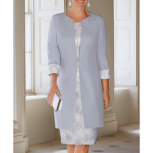 

Sheath / Column Mother of the Bride Dress Elegant Jewel Neck Knee Length Lace 3/4 Length Sleeve with Appliques 2021