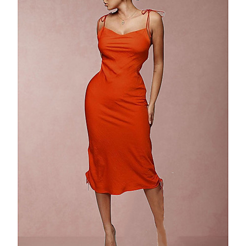 

Women's Strap Dress Midi Dress Orange Sleeveless Solid Color S M L XL