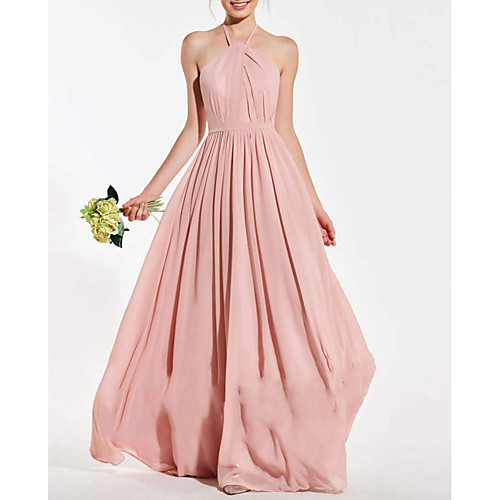 

A-Line Halter Neck Floor Length Chiffon Bridesmaid Dress with Pleats