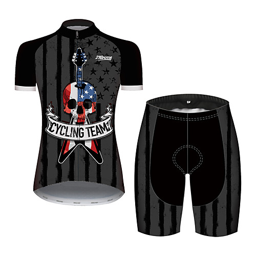 

21Grams Women's Short Sleeve Cycling Jersey with Shorts Spandex Polyester Black / White Skull American / USA National Flag Bike Clothing Suit Breathable Quick Dry Ultraviolet Resistant Sweat-wicking