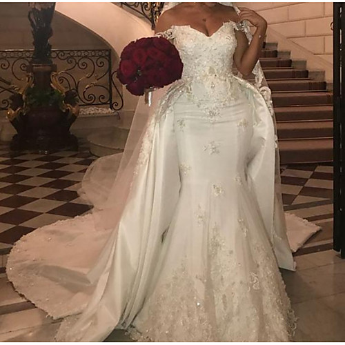 

Mermaid / Trumpet Wedding Dresses Off Shoulder Court Train Polyester Cap Sleeve Country Plus Size with Lace Insert Appliques 2021