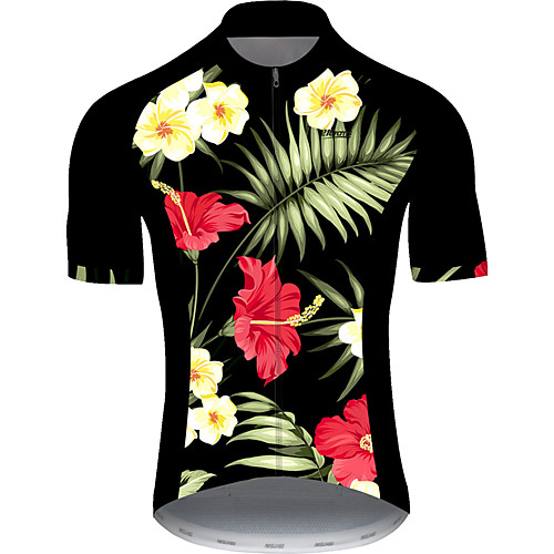 

21Grams Men's Short Sleeve Cycling Jersey Black / Yellow Floral Botanical Bike Jersey Top Mountain Bike MTB Road Bike Cycling UV Resistant Breathable Quick Dry Sports Clothing Apparel / Stretchy