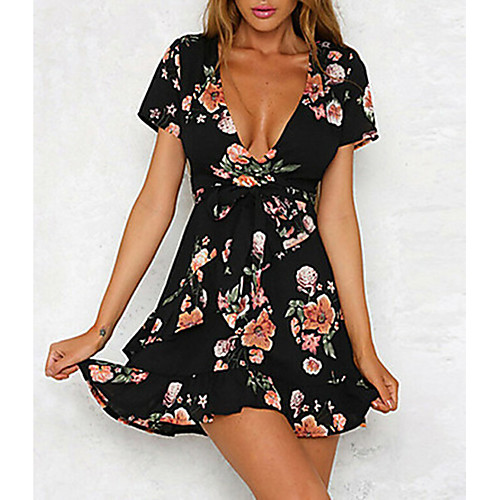

Women's Mini A Line Dress - Short Sleeves Floral Deep V Black S M L XL XXL