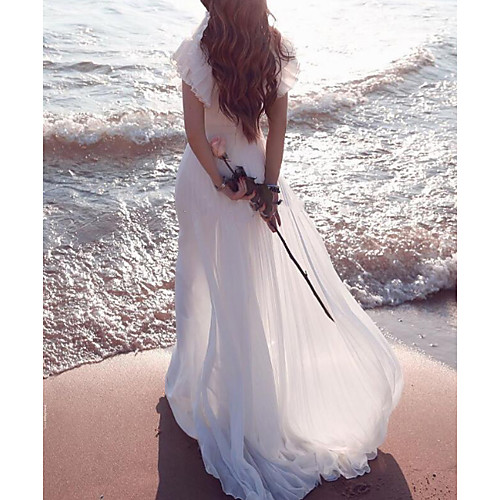 

A-Line Wedding Dresses Plunging Neck Sweep / Brush Train Chiffon Chiffon Over Satin Short Sleeve Country Beach Plus Size with Lace Sashes / Ribbons Ruffles 2021
