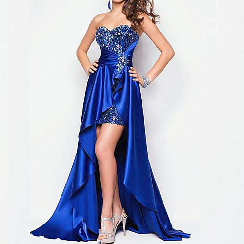 

A-Line Sparkle Blue Party Wear Prom Dress Sweetheart Neckline Short Sleeve Asymmetrical Lace Stretch Satin with Sequin Overskirt 2020