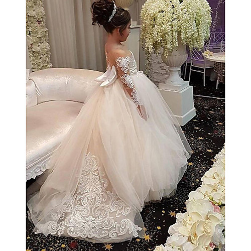 

Ball Gown Court Train Wedding Flower Girl Dresses - Lace / Satin / Taffeta Long Sleeve Off Shoulder with Bow(s) / Solid