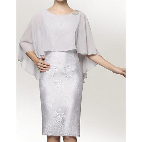 

Sheath / Column Mother of the Bride Dress Elegant Jewel Neck Knee Length Chiffon Satin 3/4 Length Sleeve with Appliques 2021