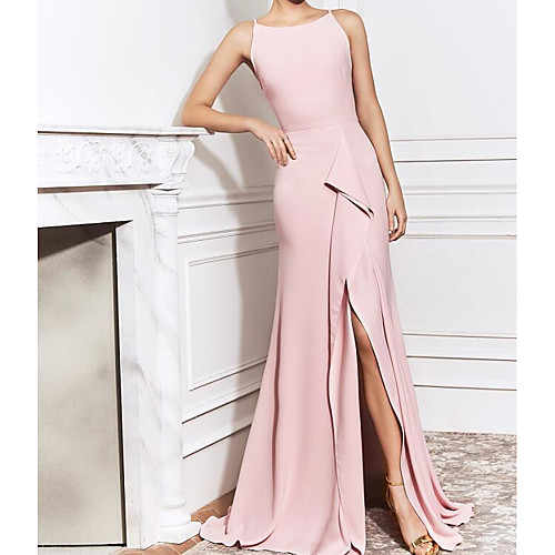 

Sheath / Column Elegant Wedding Guest Formal Evening Dress Boat Neck Sleeveless Sweep / Brush Train Polyester with Split 2021
