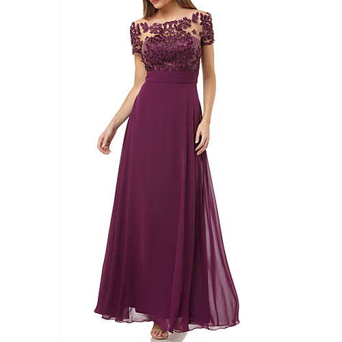 

A-Line Mother of the Bride Dress Elegant Bateau Neck Floor Length Chiffon Short Sleeve with Appliques 2021