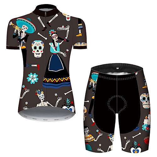 

21Grams Women's Short Sleeve Cycling Jersey with Shorts Spandex Polyester Green / Black Skull Floral Botanical Bike Clothing Suit Breathable Quick Dry Ultraviolet Resistant Sweat-wicking Sports Skull