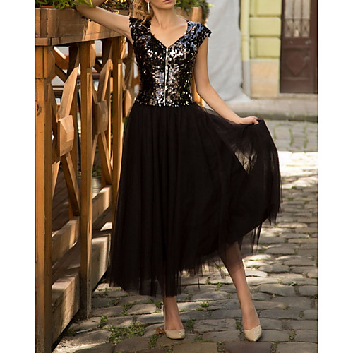 

A-Line Sparkle Party Wear Cocktail Party Dress V Neck Short Sleeve Ankle Length Tulle Sequined with Sequin 2021