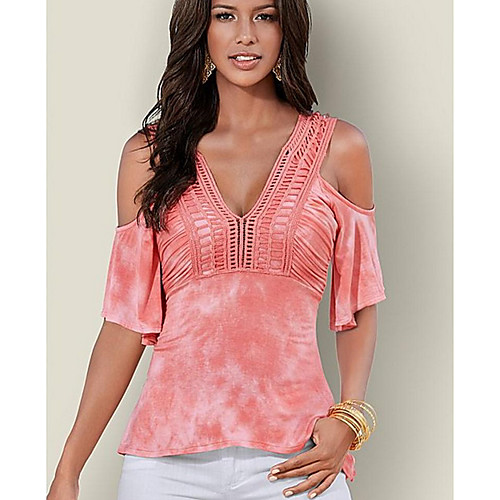

Women's Solid Colored Cut Out Ruffle Blouse Daily V Neck Blue / Blushing Pink / Dark Gray